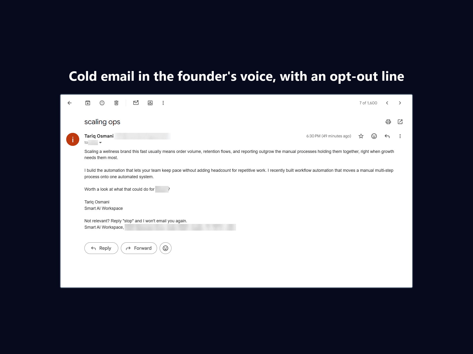 A real cold email sent by the system, ending with the founder's name and the opt-out line