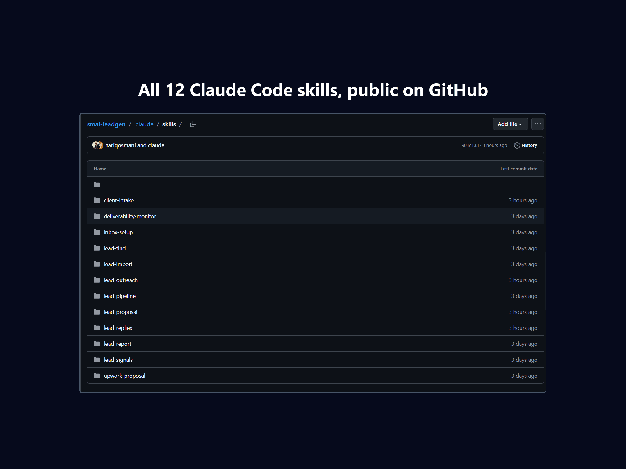 The public repository on GitHub, showing commit 901c133 as the latest change to the skills folder